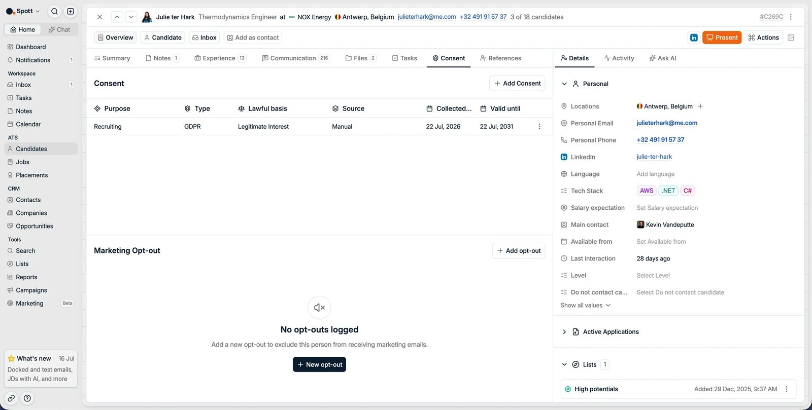 The Consent subtab with consents and marketing opt-outs