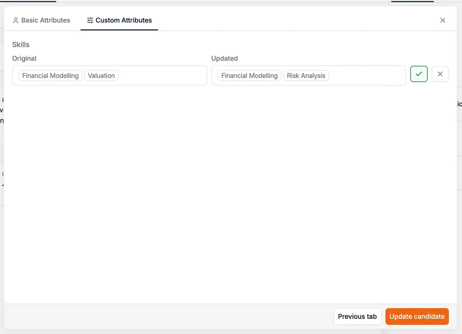 The CV diff review with accept and reject options