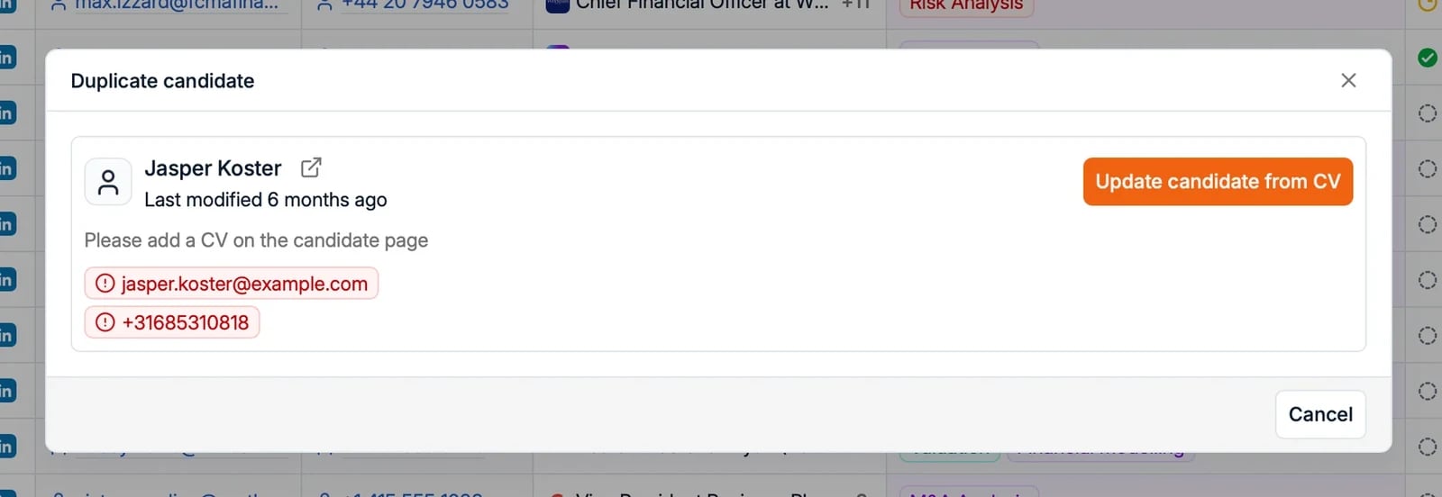 The Duplicate candidate prompt with matching email and phone highlighted