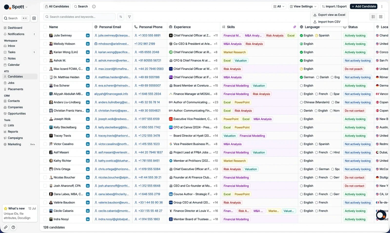 The Import / Export menu on the Candidates page