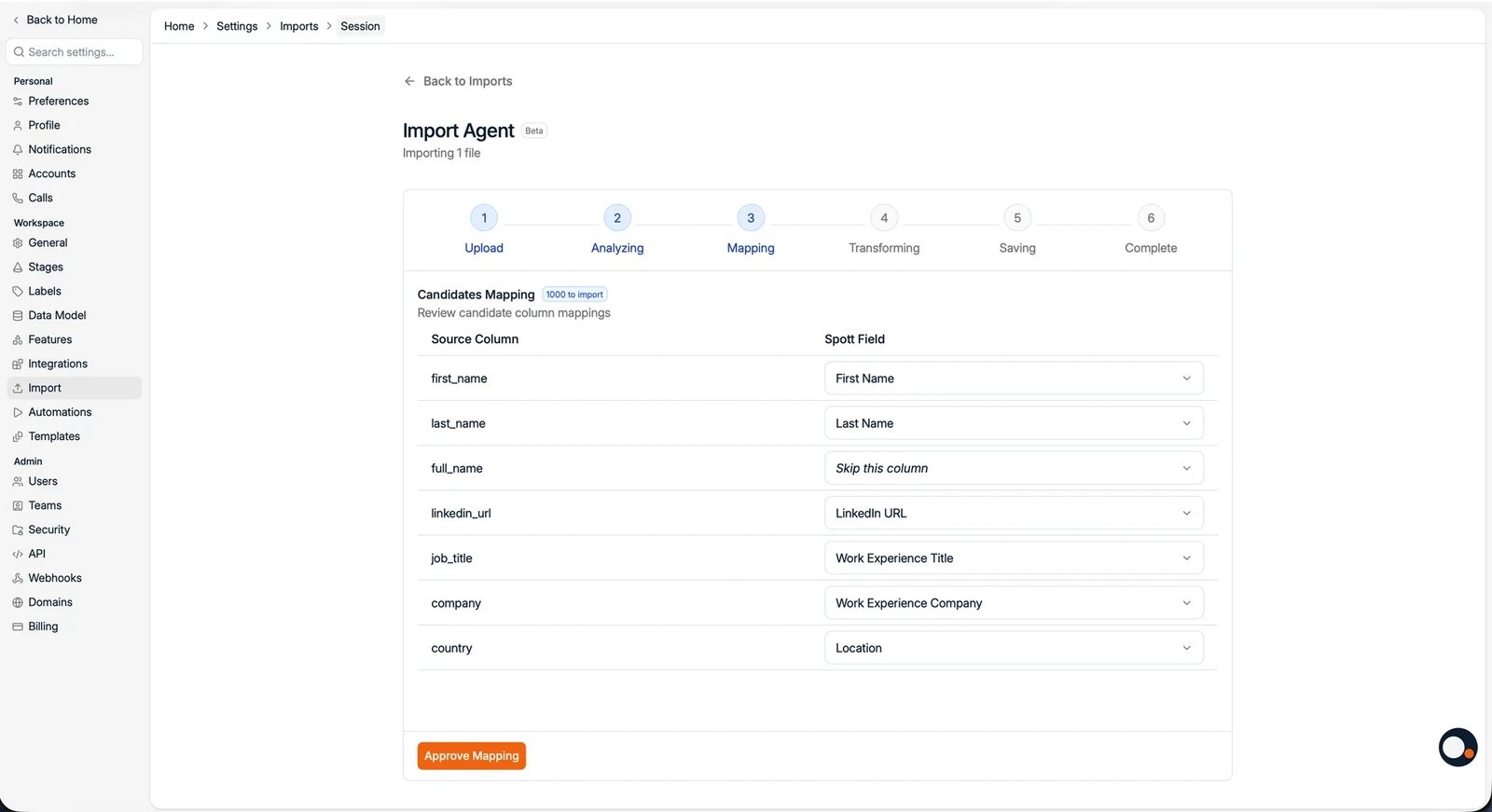 The column mapping step with AI-suggested mappings