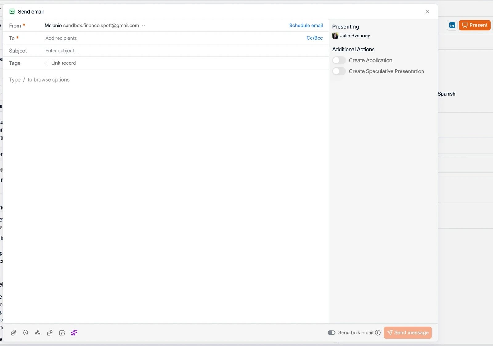 The Present candidate email dialog with additional actions