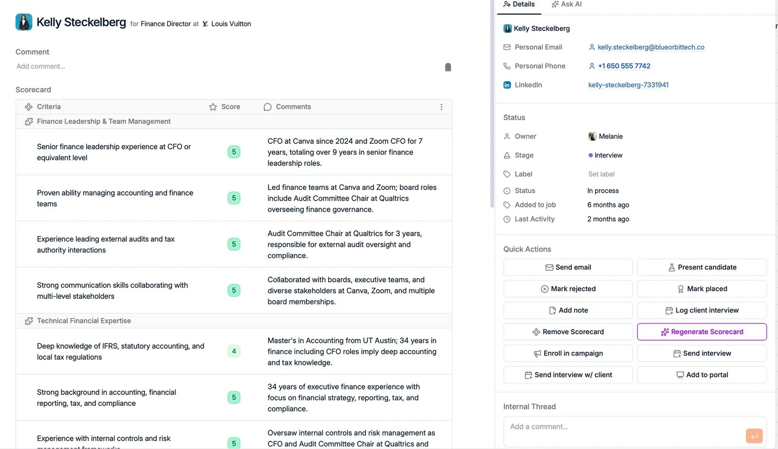 A completed scorecard with criteria, scores, and comments