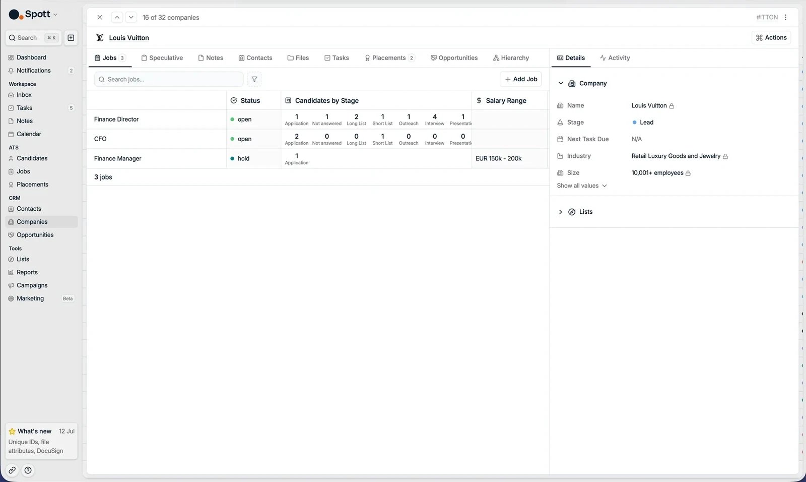 A company record with its tabs and Details panel