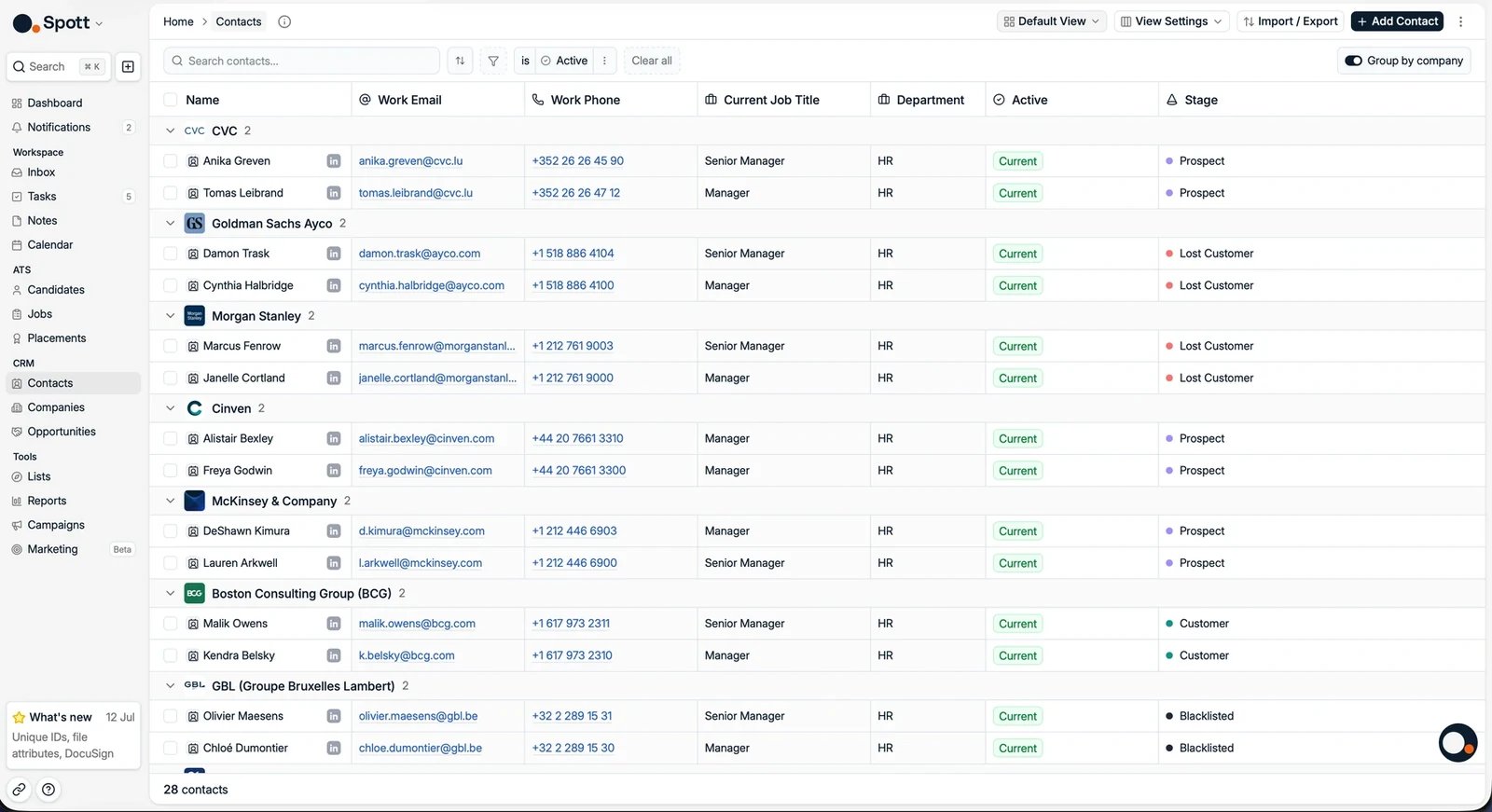 The Contacts view with Group by company