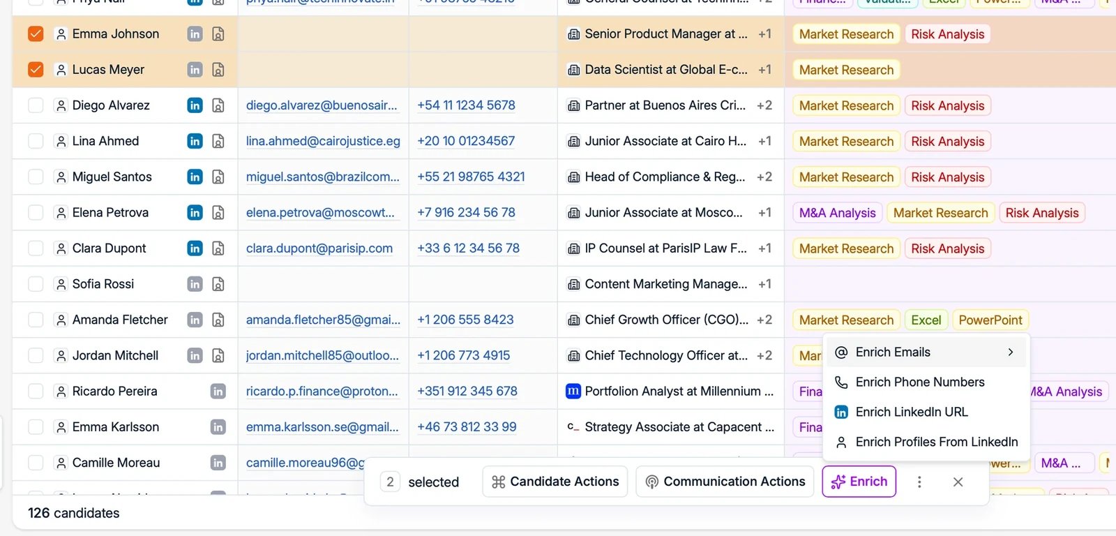 The bulk Enrich menu on the candidate table