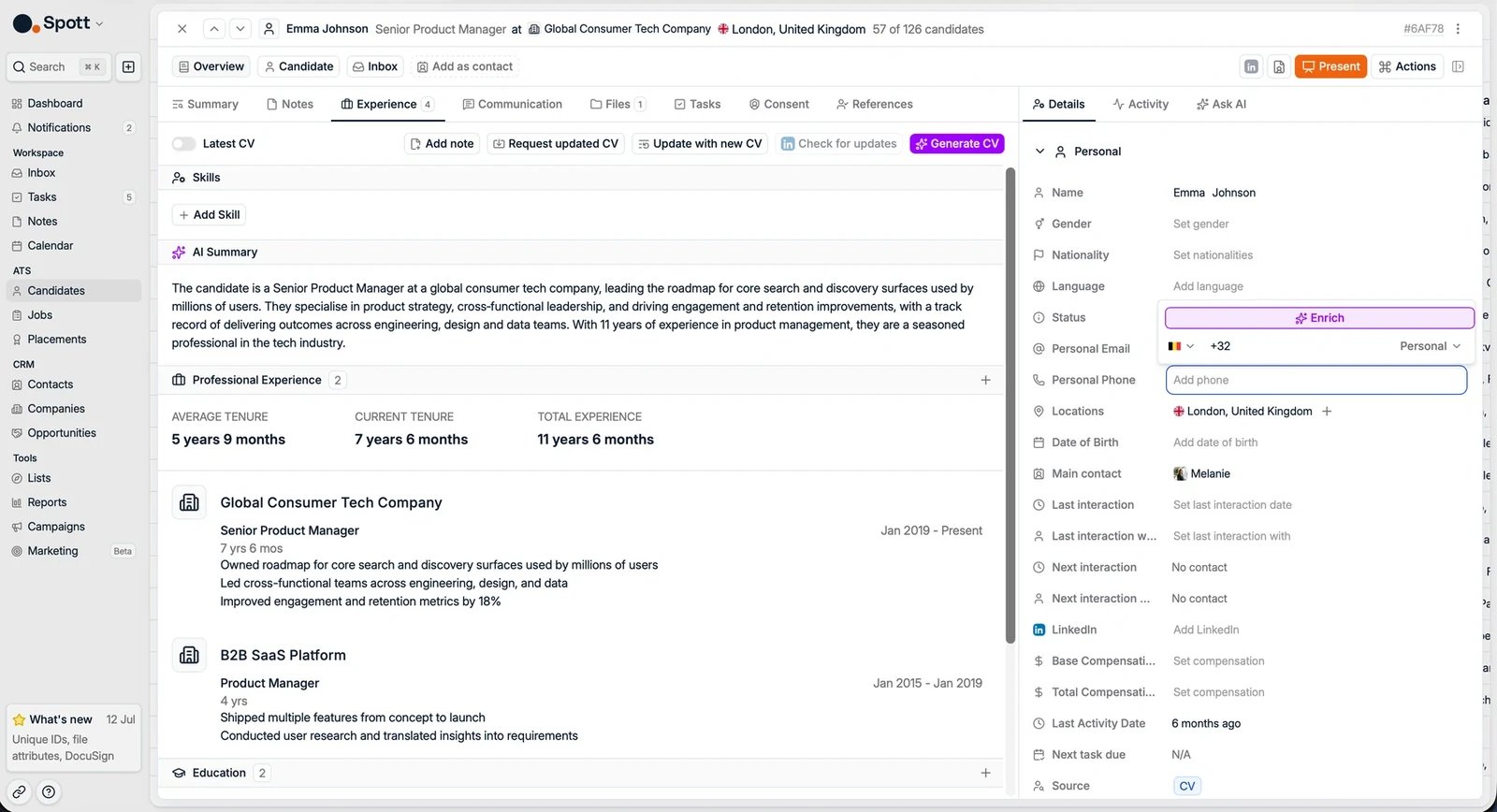 A profile with enrichment available on empty contact fields