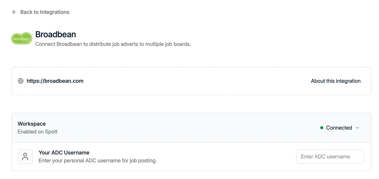 The Broadbean integration settings
