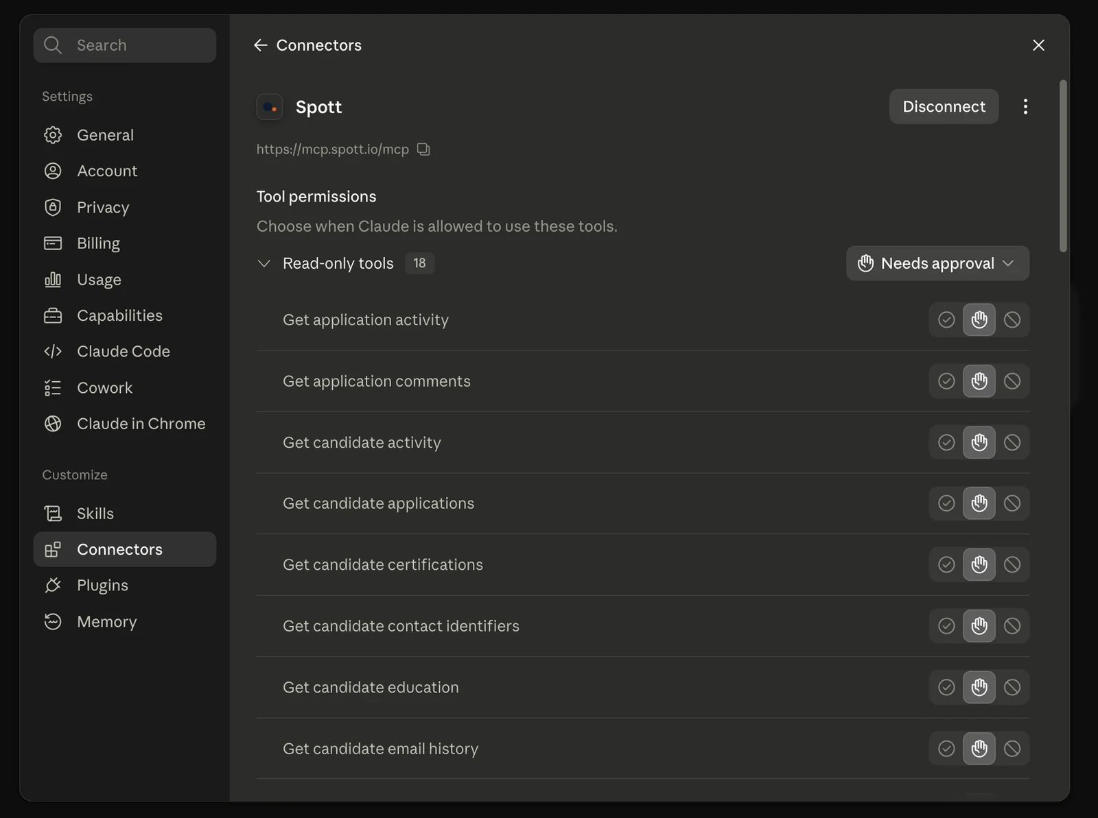 Tool permissions for the Spott connector in Claude