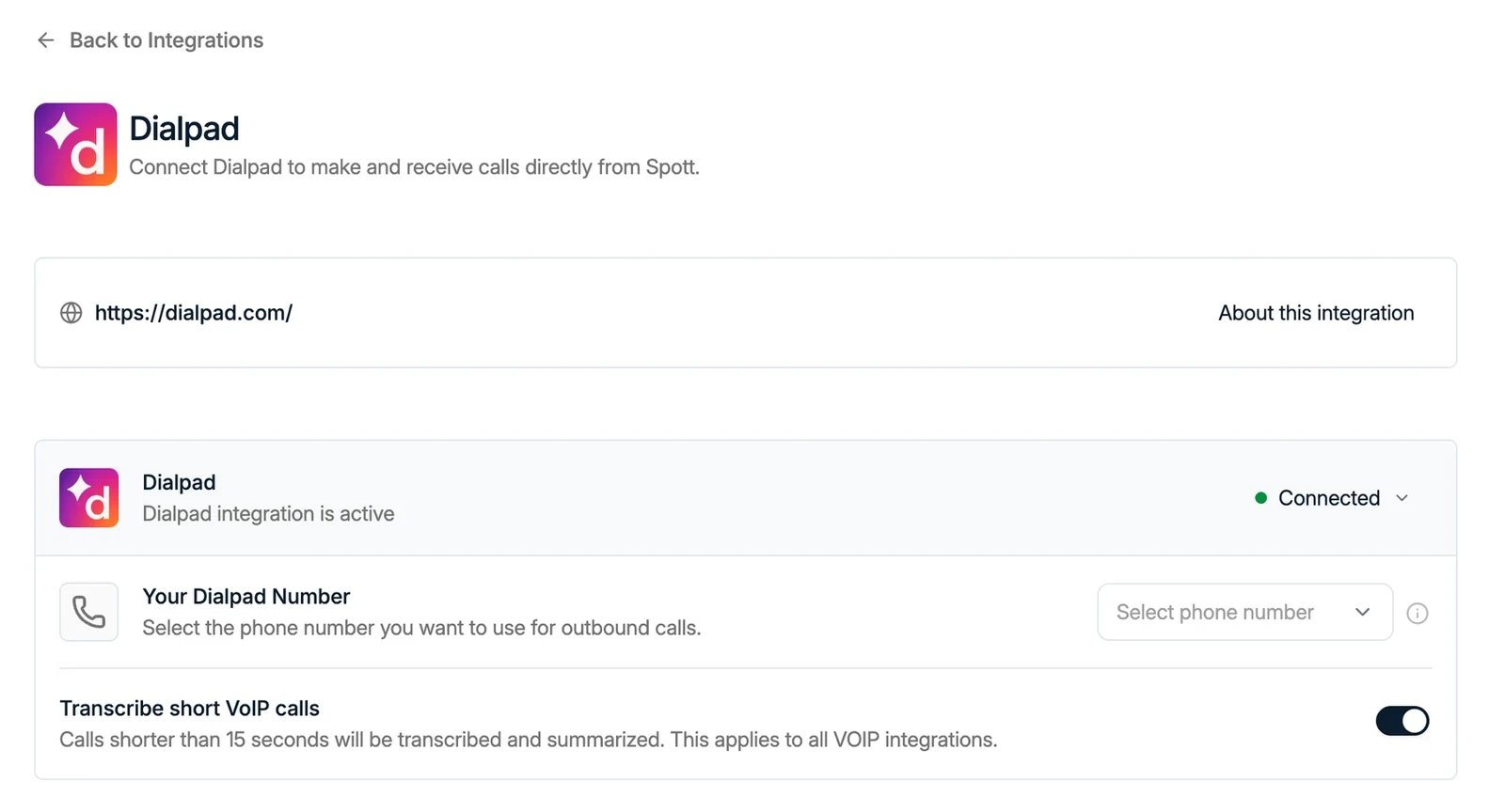 The Dialpad API key field in Spott