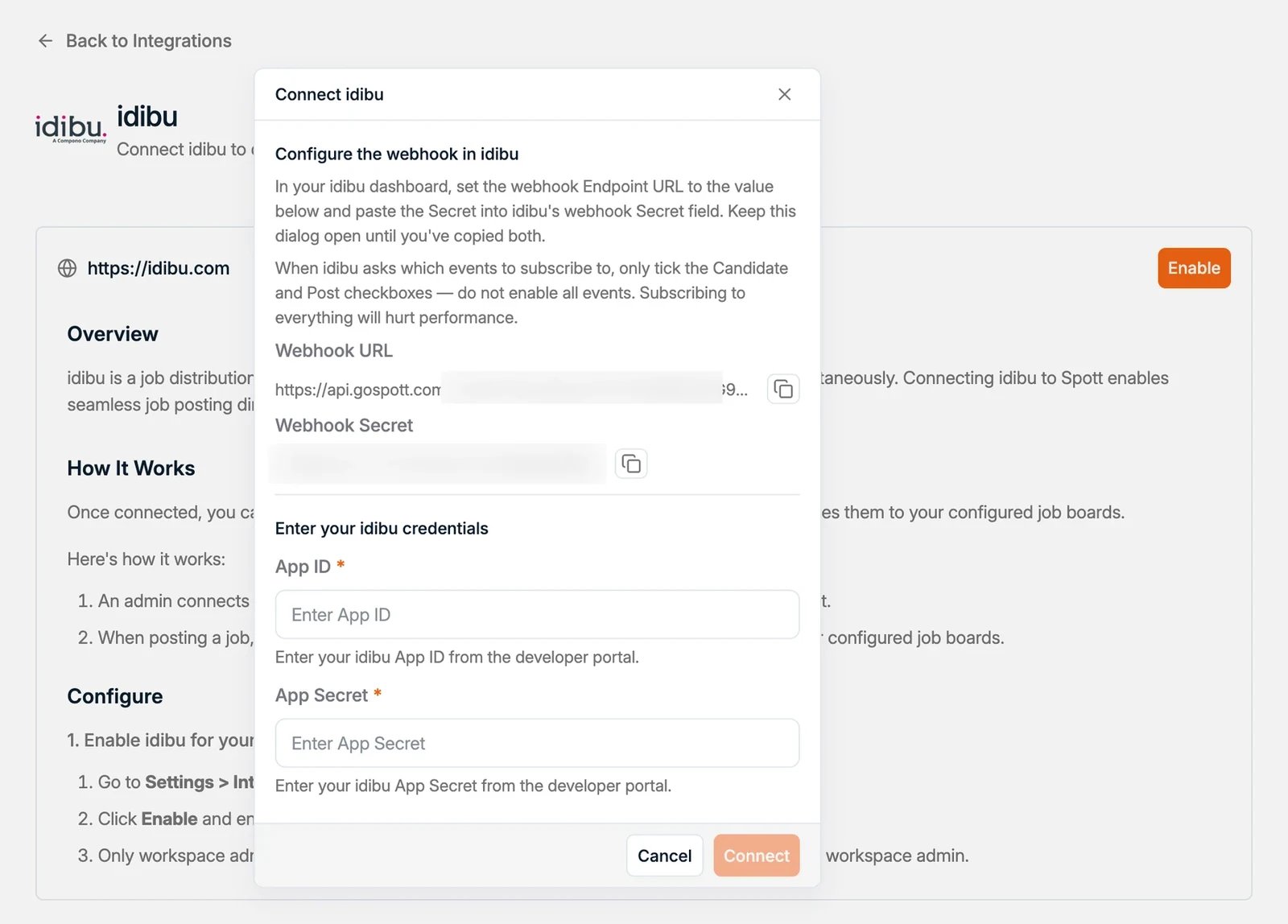 The idibu App ID and App Secret fields