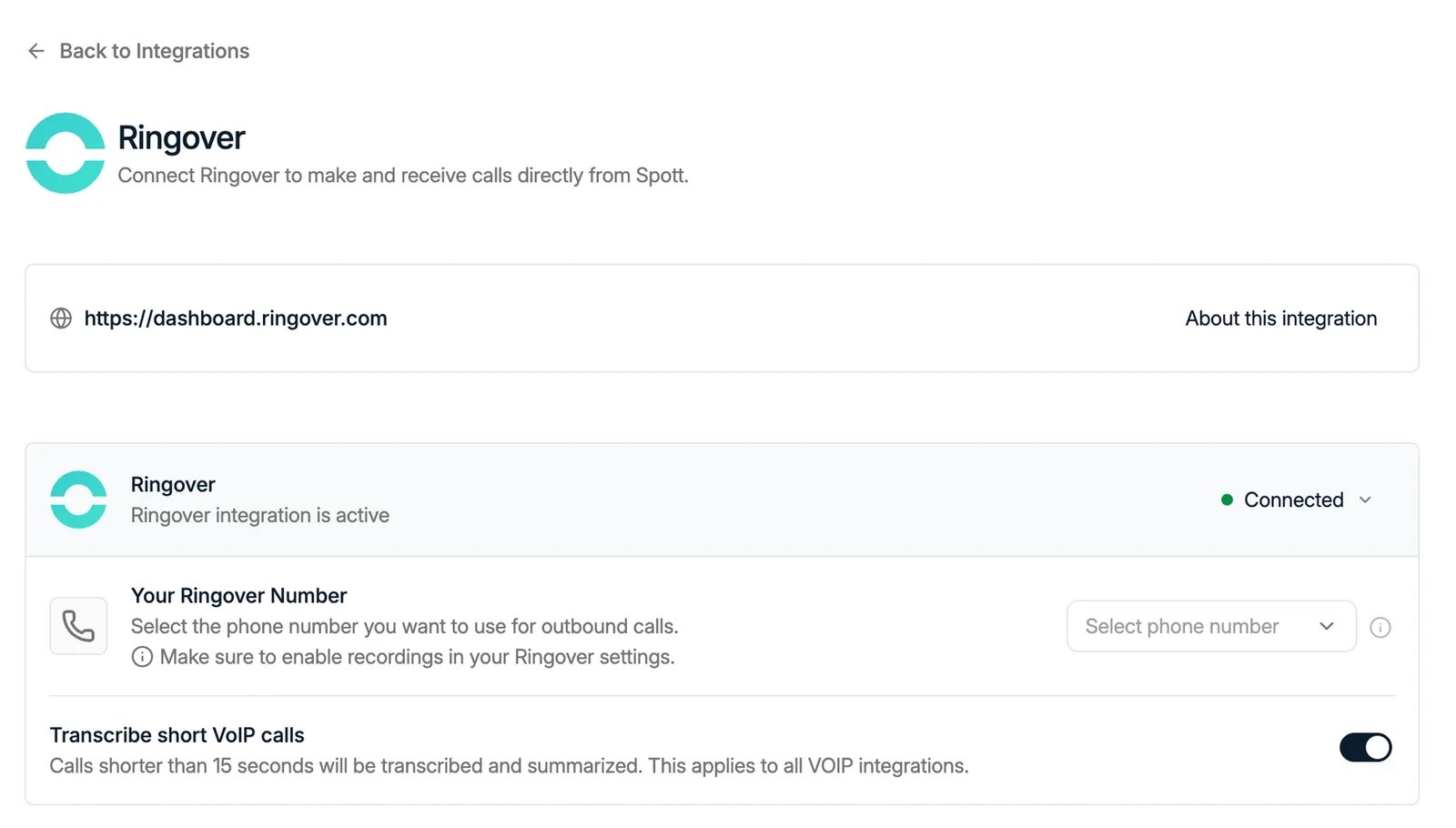 The Ringover API key and Webhook key fields