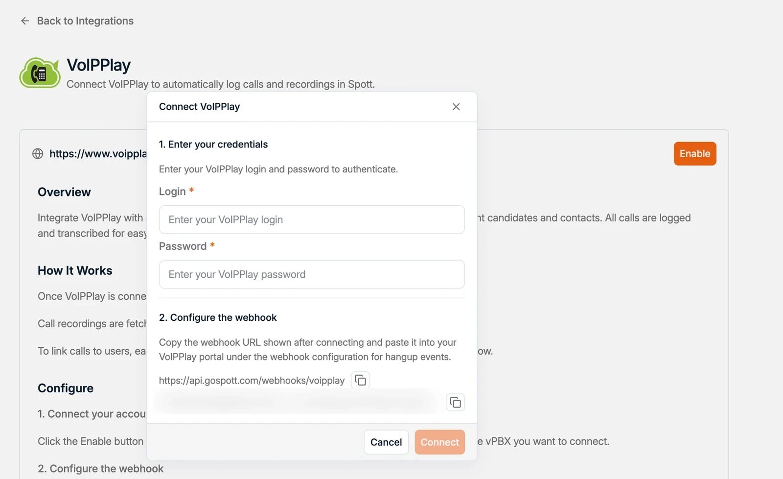 The VoIPPlay webhook URL shown after connecting