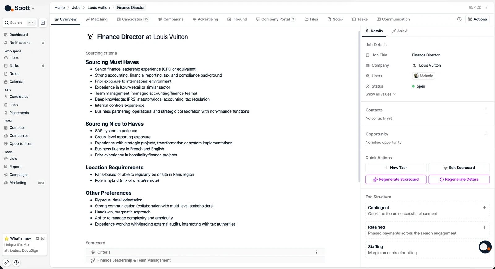 The job Overview tab with sourcing criteria and attachments