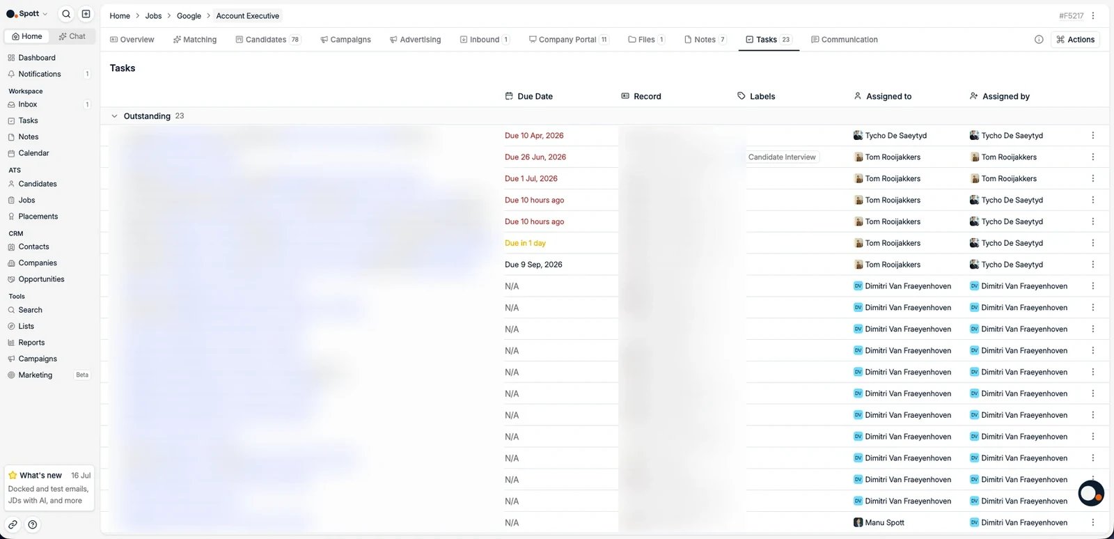 The Tasks tab on a job