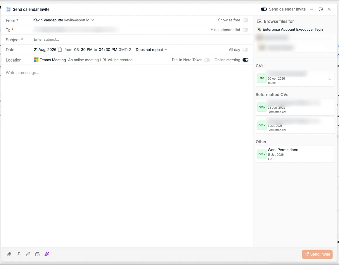La fenêtre de rendez-vous avec le panneau Browse files listant les CV et autres documents