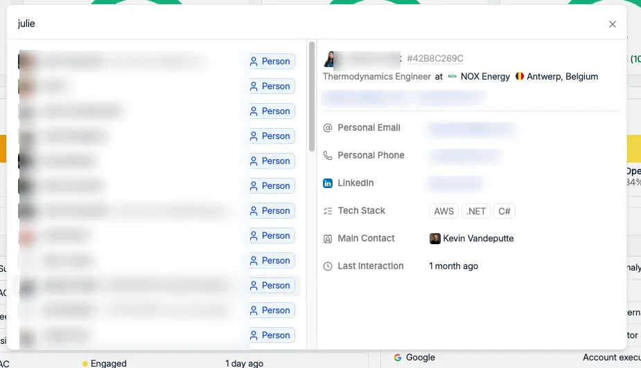 Global search with a results list and a preview panel