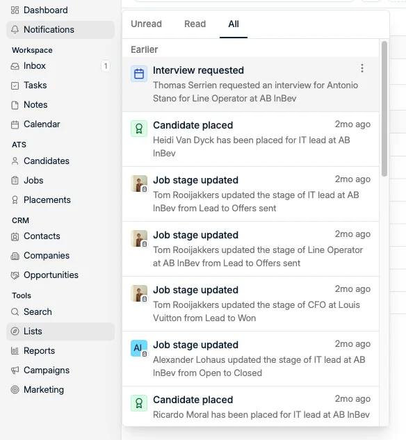 The notifications feed with its Unread, Read and All tabs
