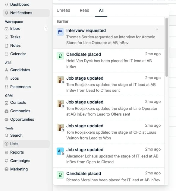 The notifications feed with its Unread, Read and All tabs