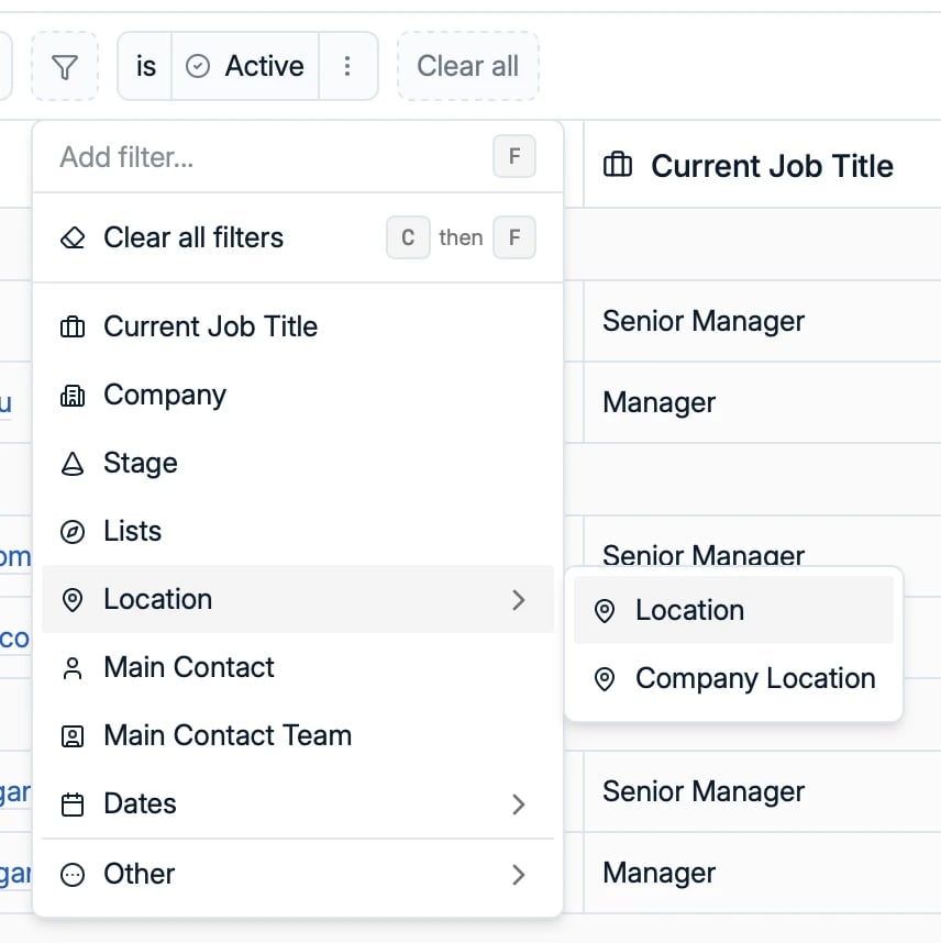 The contact filter menu