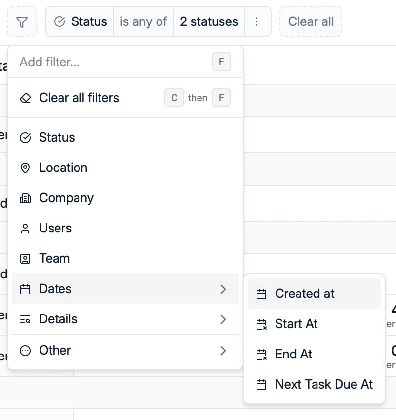 The job filter menu
