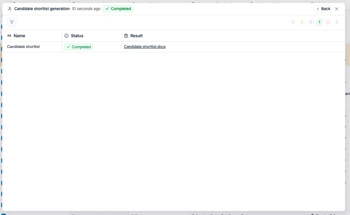 A completed candidate shortlist generation with the resulting Word file