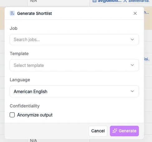 The Generate Shortlist dialog with job, template, language, and anonymize output