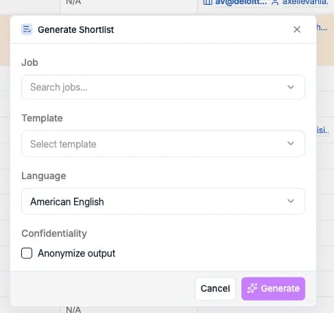 The Generate Shortlist dialog with job, template, language, and anonymize output