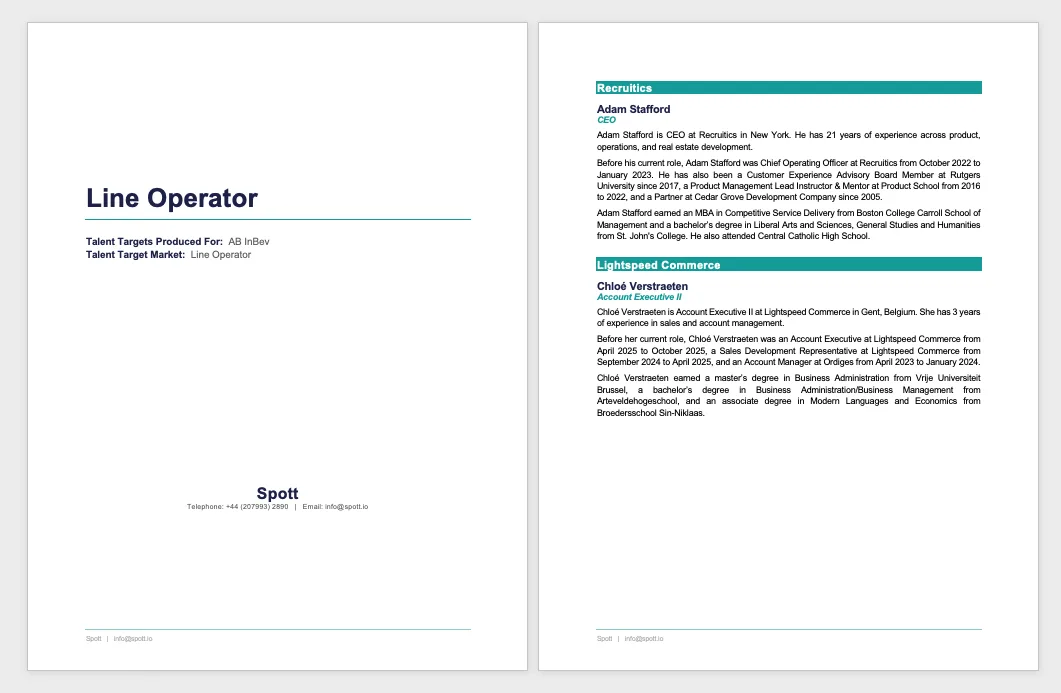 A generated shortlist document with a cover page and written candidate profiles