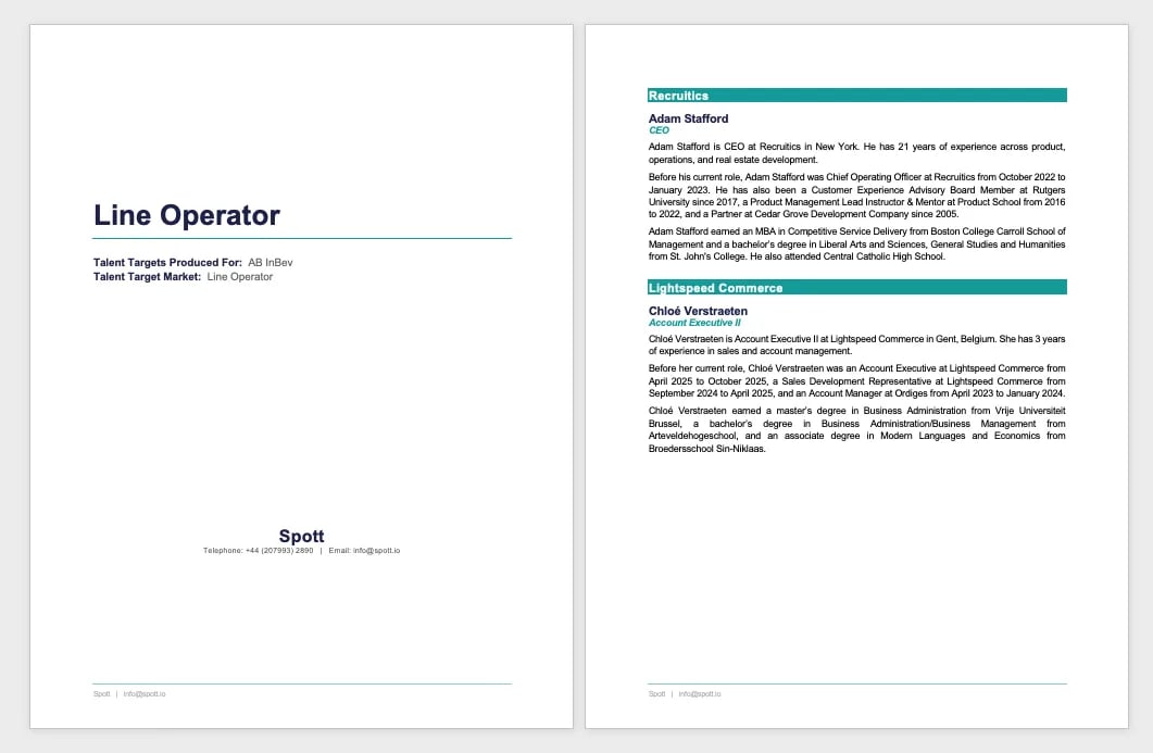 A generated shortlist document with a cover page and written candidate profiles