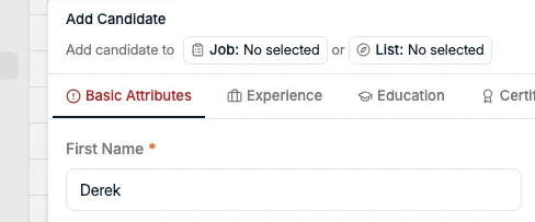 Het formulier Add Candidate met de keuzevelden Job en List bovenaan
