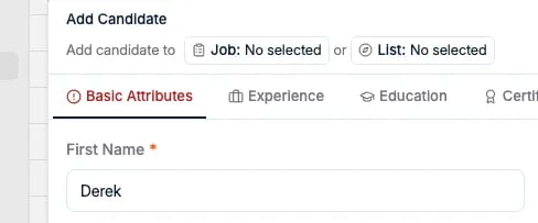 Het formulier Add Candidate met de keuzevelden Job en List bovenaan