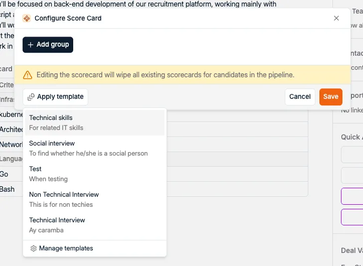 Le menu Apply template dans Configure Score Card, avec la liste des templates de scorecard enregistrés