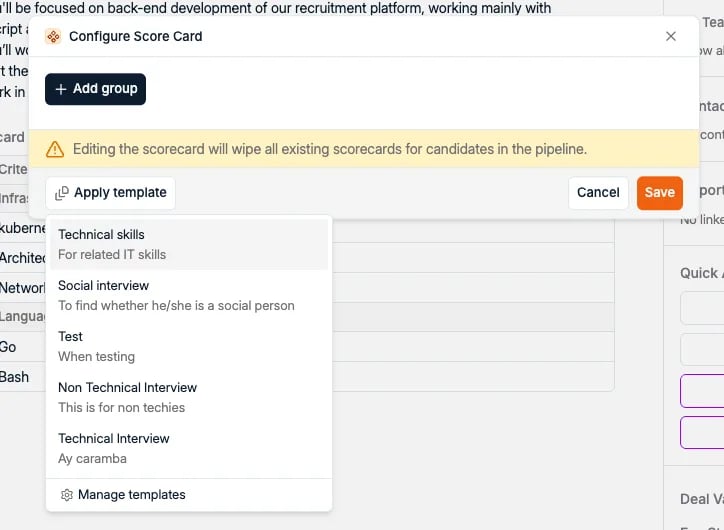 Le menu Apply template dans Configure Score Card, avec la liste des templates de scorecard enregistrés