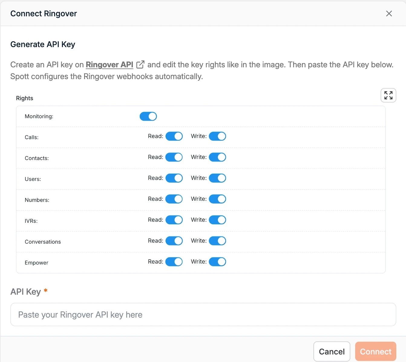 The Connect Ringover window, showing the rights to enable on the key and the API key field