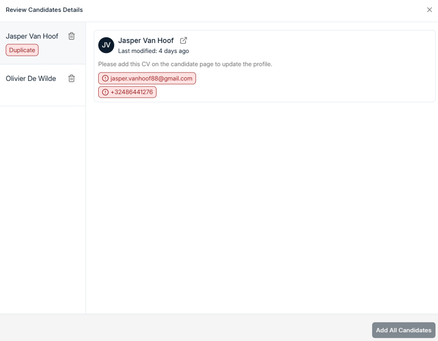 Parsed candidate profile with Basic, Experience, and Education tabs