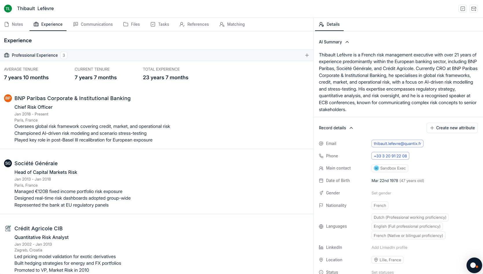 Candidate profile view with editable fields