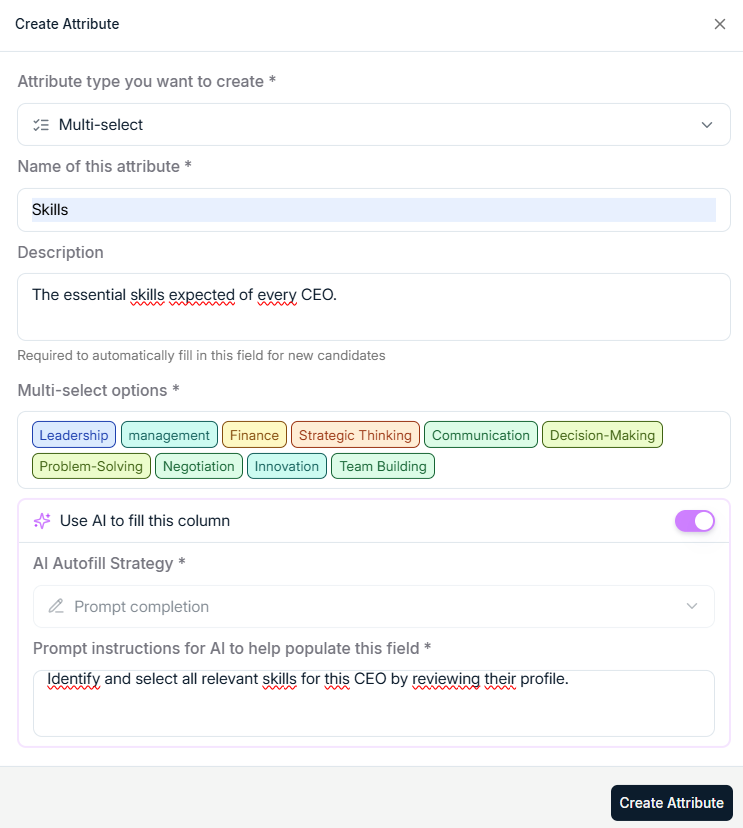 Custom attribute creation form showing field types