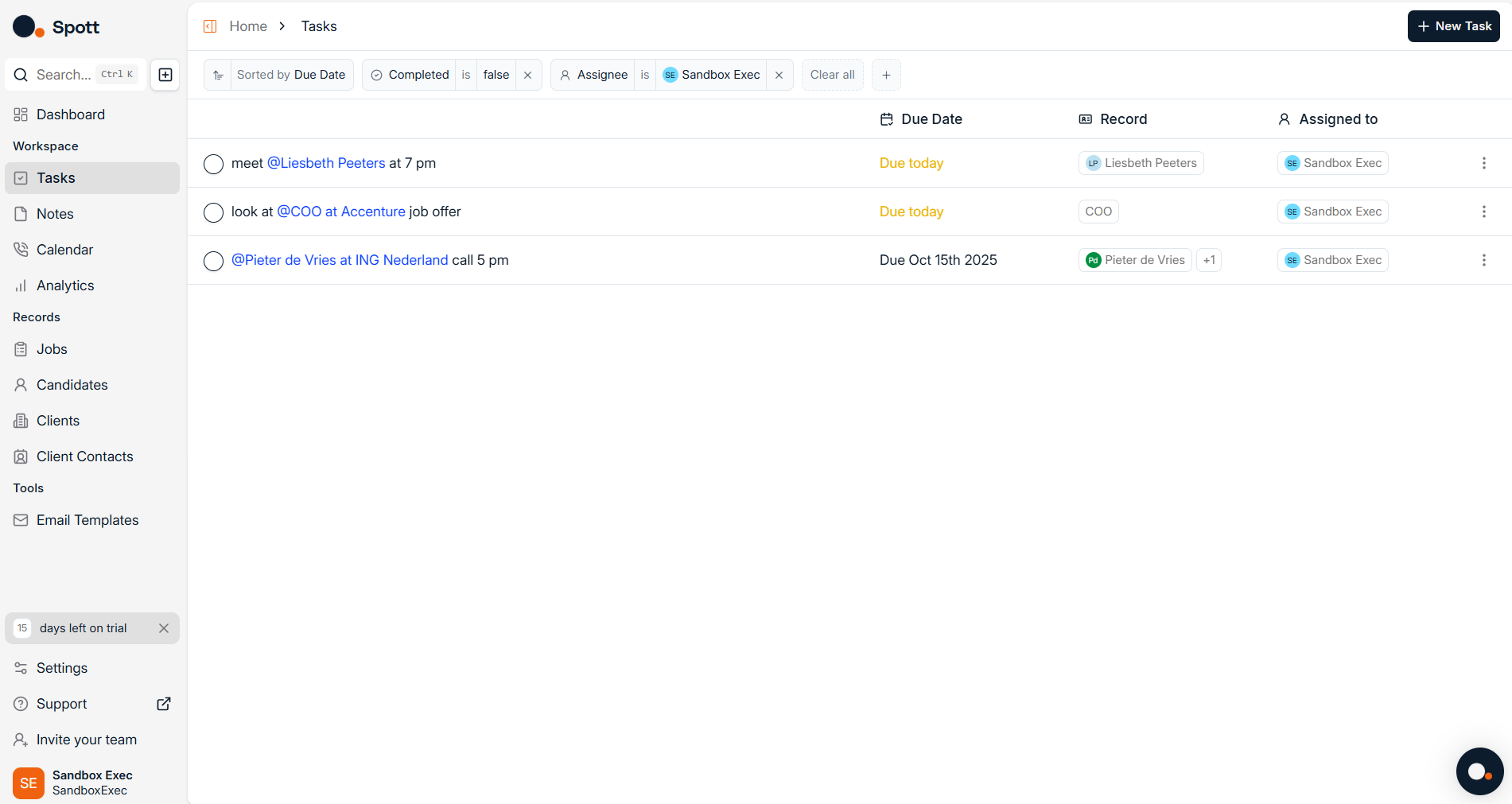 Tasks view showing the task table and the filters bar at the top