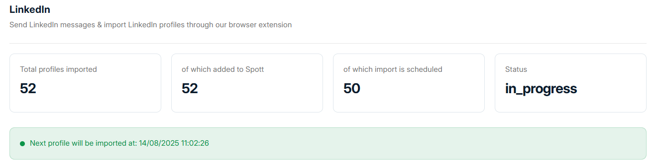 LinkedIn integration page in Spott showing queued imports