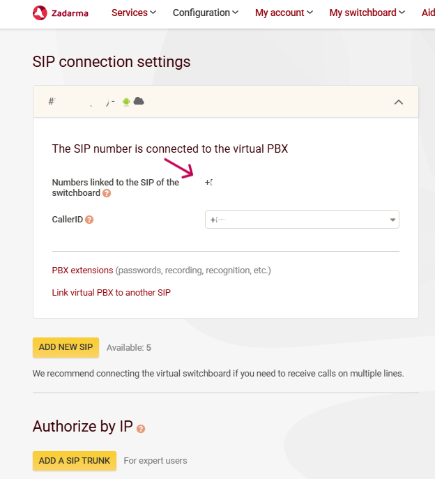 Zadarma SIP Connection Settings