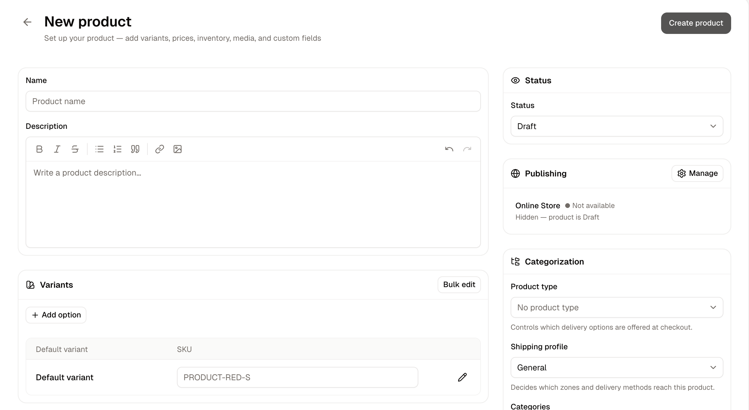 The new product form, empty, with one default variant and blank price and stock cells