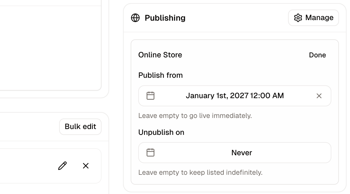 A sales channel on the Publishing card, opened to show its publish and unpublish dates
