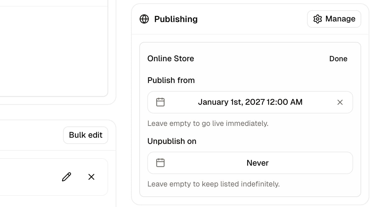 A sales channel on the Publishing card, opened to show its publish and unpublish dates