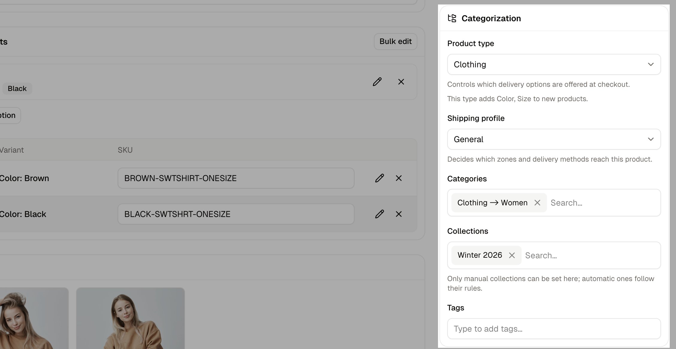 The Categorization card with product type, delivery profile, categories, collections and tags