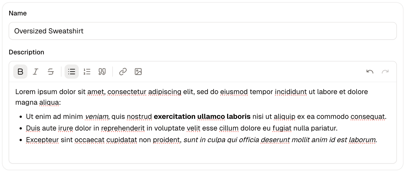 The Name and Description cards, with the description toolbar