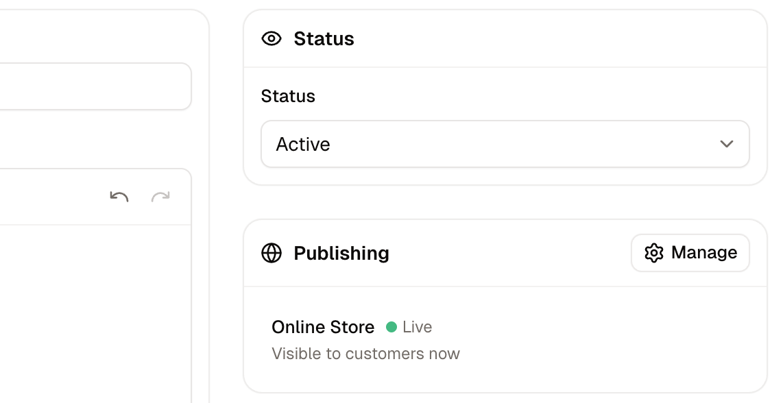 The Status and Publishing cards, showing the product as Draft