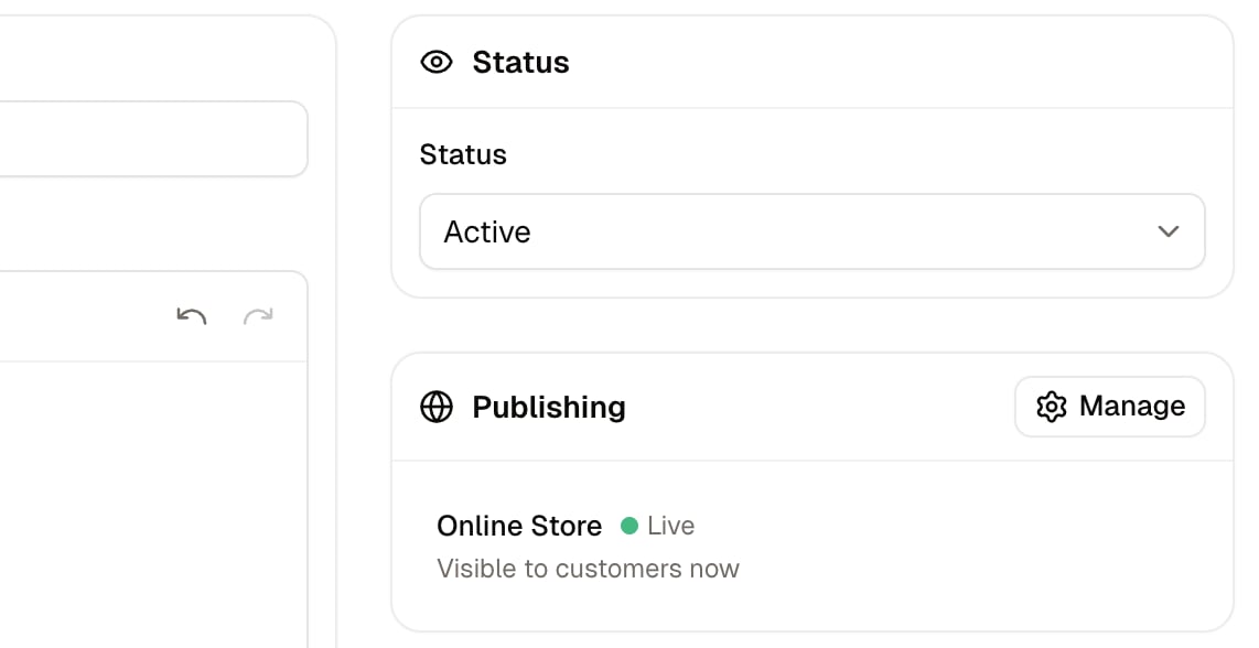 The Status and Publishing cards, showing the product as Draft