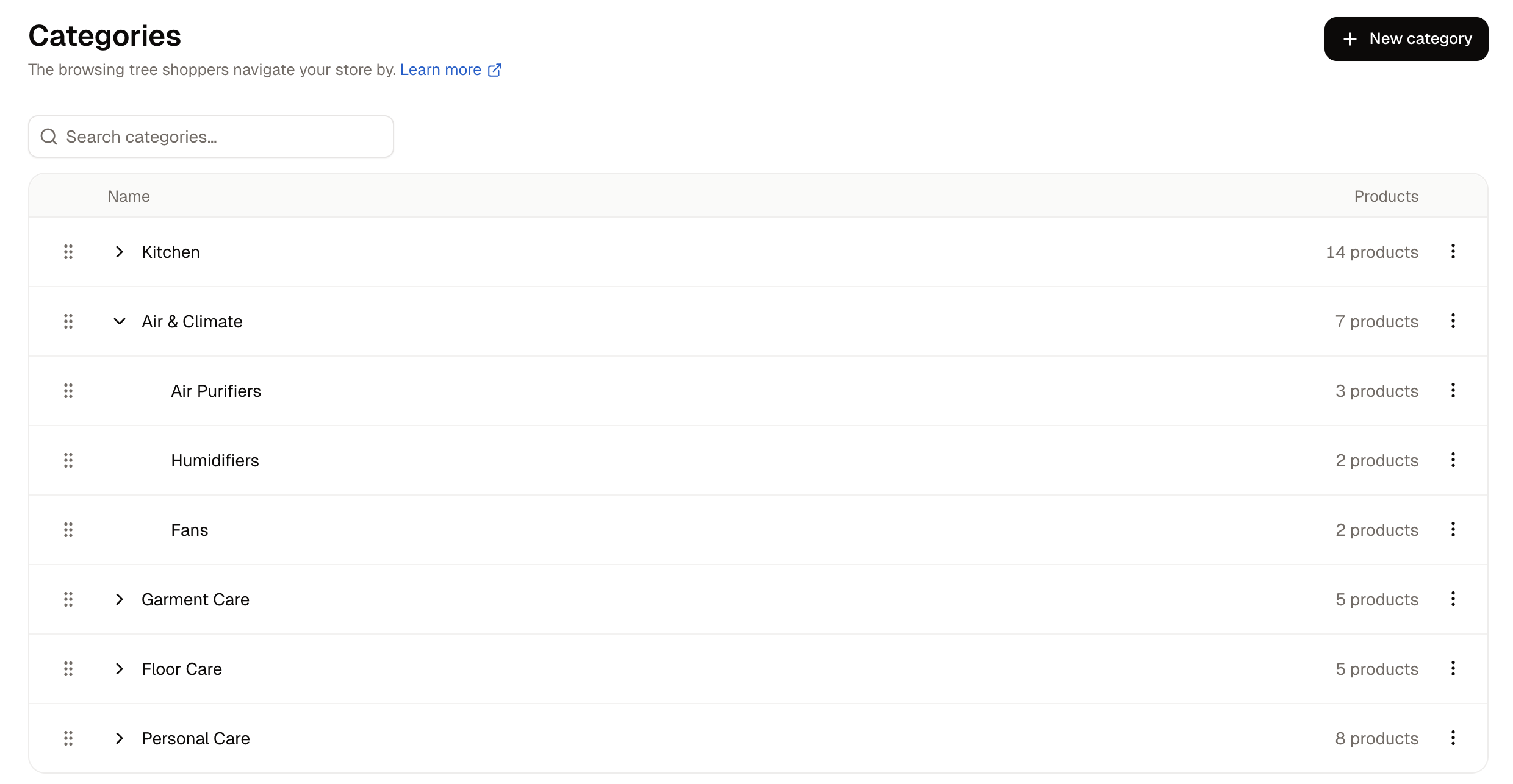 The Categories list with Kitchen expanded to show its subcategories and their product counts