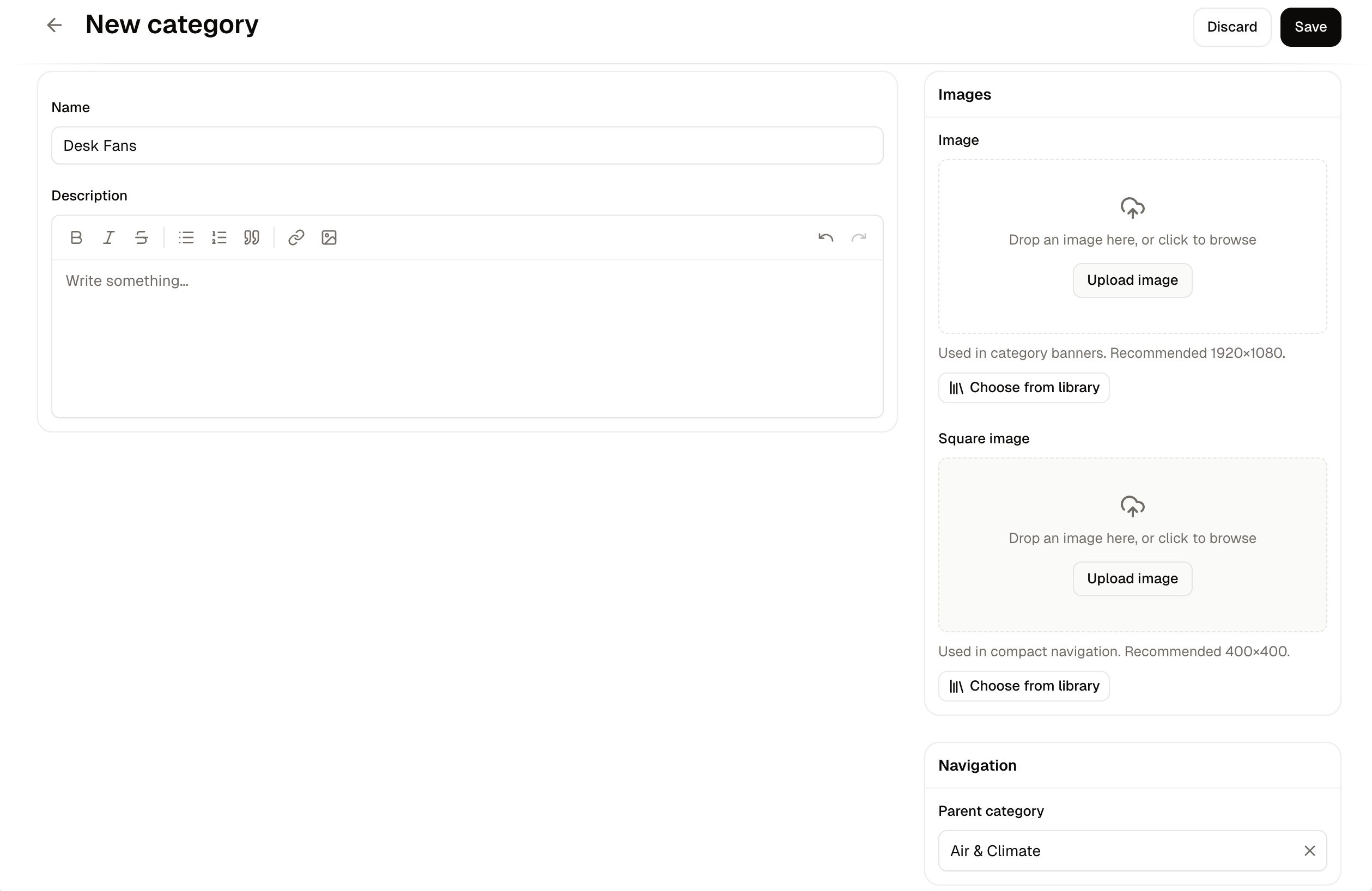 The New category form, with its name, description, image, parent category and search listing fields